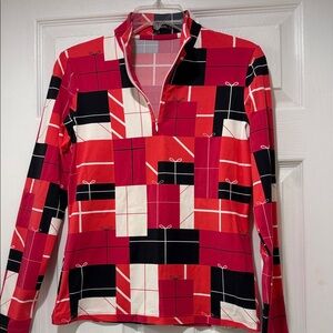 J.McLaughlin women Bedford top in the red,black,white Parcel Post gift box print